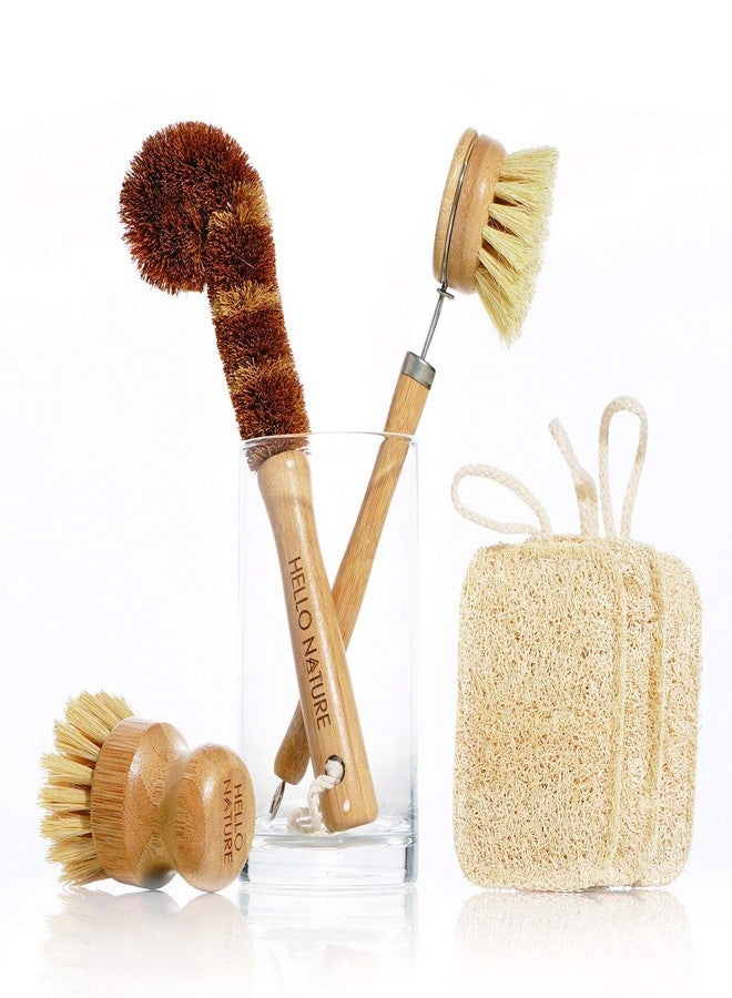 HELLO NATURE Plant-Based 6pcs Kitchen Brush Set by HELLO NATURE, Sustainable & Biodegradable Natural Fibre Bamboo Dish Brush,Bottle Brush,Pot Brush & 3 Natural Loofah Sponges, Zero-Waste,Plastic Free Kitchen Set - Image 1
