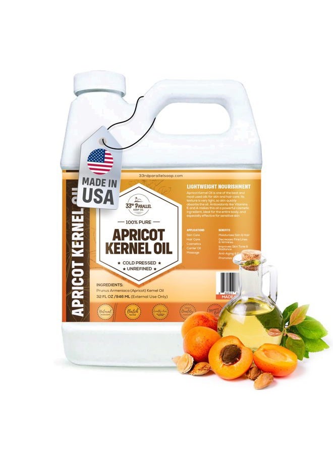 33RD PARALLEL SOAP CO. Organic Apricot Kernel Oil (32 Oz) Premium Cold Pressed Unrefined | 100% Pure Apricot Kernel Oil for Skin, Face, Hair, Soap Making, Massage | Carrier for Essential Oils | Available Bulk | 32 FL OZ - Image 1