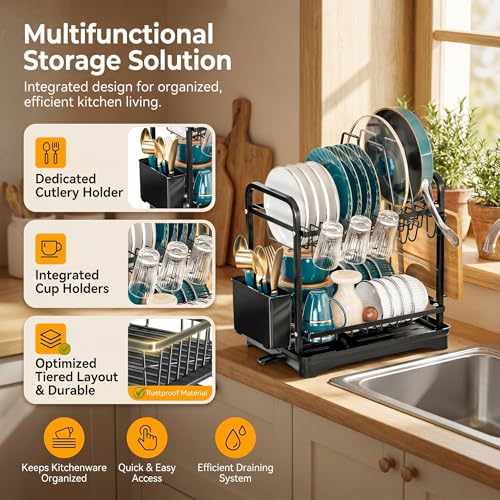 COMFYHOME Dish Drying Rack, 2-Tier Wrought Iron Space-Saving Kitchen Dish Drainer with Cup Holder, Drainboard & Utensil Holders, Rustproof Counter Organizer for Pots, Plates, Cups, Utensils, Bartan - Image 4