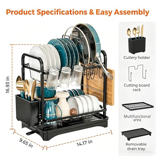 COMFYHOME Dish Drying Rack, 2-Tier Wrought Iron Space-Saving Kitchen Dish Drainer with Cup Holder, Drainboard & Utensil Holders, Rustproof Counter Organizer for Pots, Plates, Cups, Utensils, Bartan - Image 2