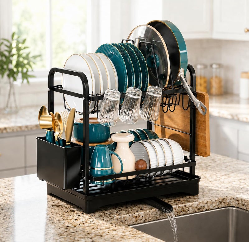 COMFYHOME Dish Drying Rack, 2-Tier Wrought Iron Space-Saving Kitchen Dish Drainer with Cup Holder, Drainboard & Utensil Holders, Rustproof Counter Organizer for Pots, Plates, Cups, Utensils, Bartan - Image 1