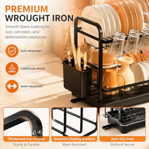 COMFYHOME Dish Drying Rack, 2-Tier Wrought Iron Space-Saving Kitchen Dish Drainer with Cup Holder, Drainboard & Utensil Holders, Rustproof Counter Organizer for Pots, Plates, Cups, Utensils, Bartan - Image 5