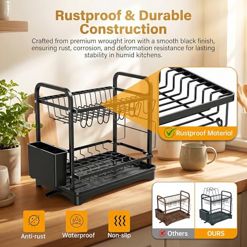 COMFYHOME Dish Drying Rack, 2-Tier Wrought Iron Space-Saving Kitchen Dish Drainer with Cup Holder, Drainboard & Utensil Holders, Rustproof Counter Organizer for Pots, Plates, Cups, Utensils, Bartan - Image 3