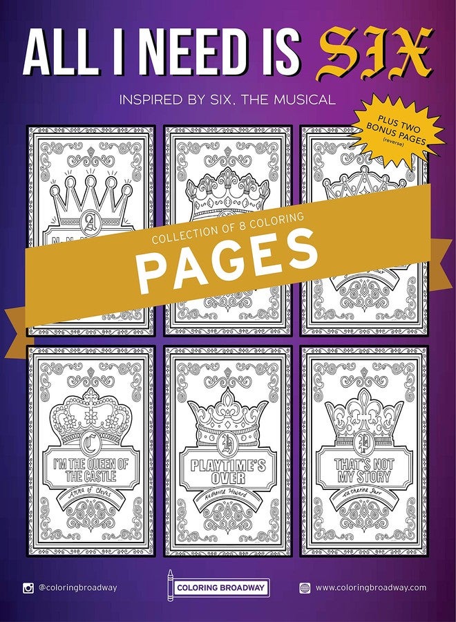 Coloring Broadway - SIX Inspired Coloring Pages (Set of 6) “All I Need is Six” Collection, Broadway Musical Merchandise, Printed on Matte Card Stock (8 1/2” x 11”), Ideal Gift for a Theater Lover - Image 1