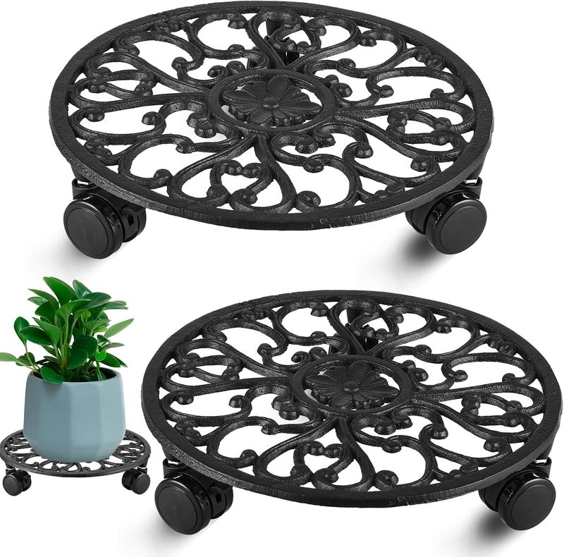TERRIFI Heavy Duty Rolling Plant Stand with Wheels, 2 Pack Metal Plant Caddy for Large Flower Pots and Planters, Round Plant Dolly with Casters for Indoor Outdoor Use, 11 Inch, Black - Image 1