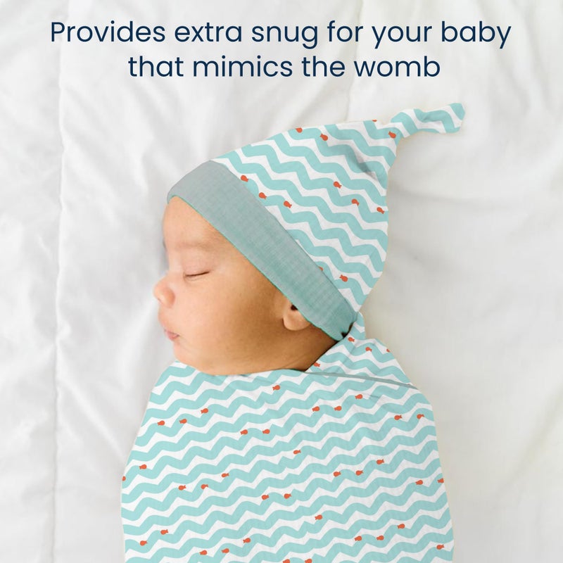 POLKA TOTS Cotton New Born Wave Print Swaddle Wrap with Cap, Soft & Breathable, Adjustable Velcro, Cozy & Secure Fit for Infant Comfort, Ideal for Baby Showers & Daily Use(0-6 months) - Image 2