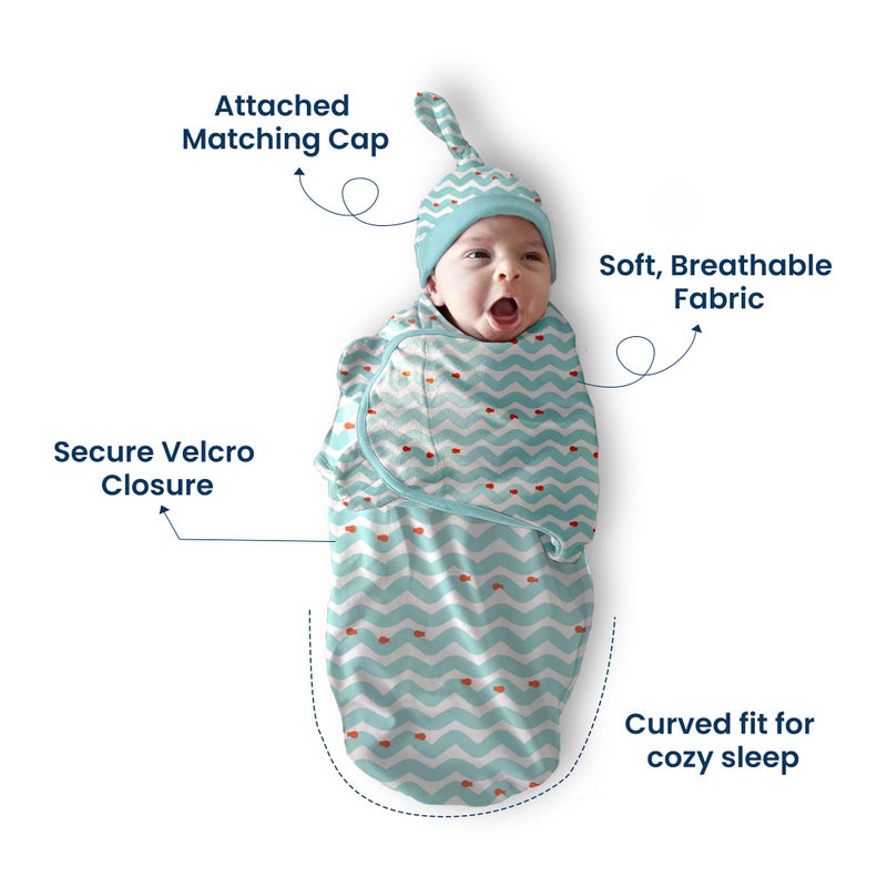 POLKA TOTS Cotton New Born Wave Print Swaddle Wrap with Cap, Soft & Breathable, Adjustable Velcro, Cozy & Secure Fit for Infant Comfort, Ideal for Baby Showers & Daily Use(0-6 months) - Image 3