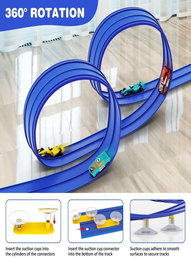 Anoozo 16 Ft Flexible Race Car Ramp Track for Kids Toy with Suction Cups, Compatible with Diecast 1/64th Cars, Rolls Up Portable Racetrack Party Favor Gifts for Boys Ages 3-10 Year Old (Racing Blue) - Image 2