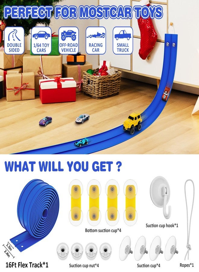 Anoozo 16 Ft Flexible Race Car Ramp Track for Kids Toy with Suction Cups, Compatible with Diecast 1/64th Cars, Rolls Up Portable Racetrack Party Favor Gifts for Boys Ages 3-10 Year Old (Racing Blue) - Image 4