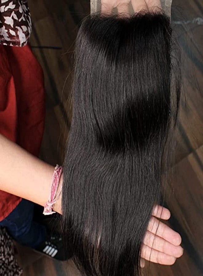 فولي وصلة شعر طبيعي بالكامل مع إغلاق دانتيل للنساء والفتيات (16 بوصة، أسود) - Image 4