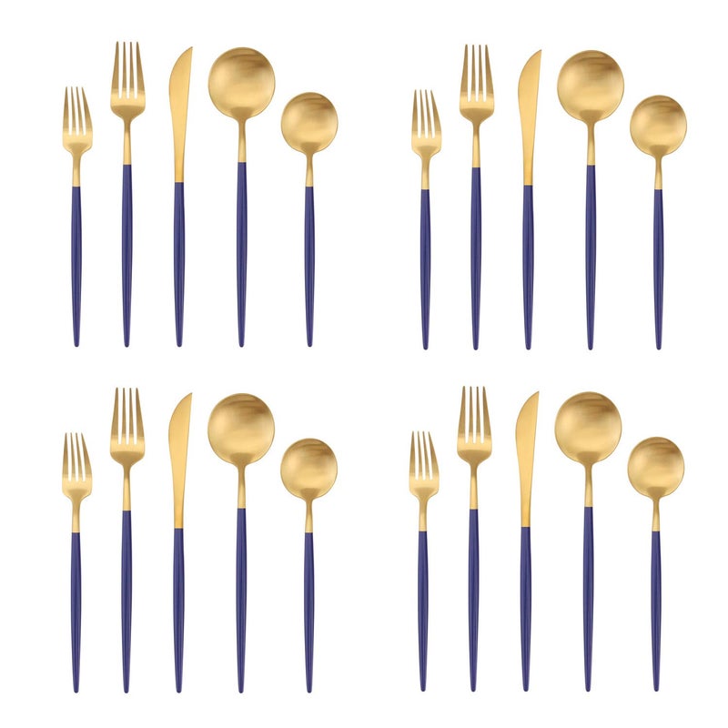 Matte Gold Silverware Set with blue handle Bysta 20Piece Stainless Steel Flatware Set Kitchen Utensil Set Service for 4 Tableware Cutlery Set for Home and Restaurant Satin Finish Dishwasher Safe