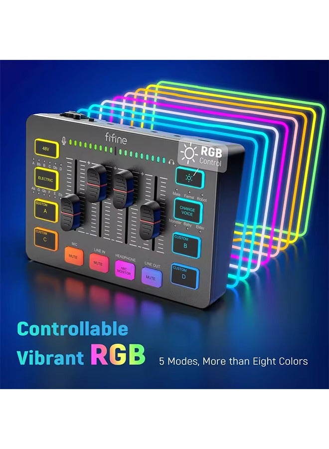 فيفين خلاط صوتي للألعاب FIFINE، خلاط RGB بأربعة قنوات للبث مع واجهة ميكروفون XLR، مناسب لصوت الألعاب، البودكاست، AmpliGame SC3 - Image 3