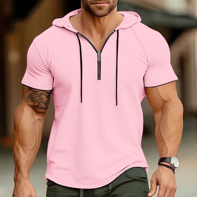European and American Mens Sports Fitness Hooded Short-sleeved T-shirt Summer Hooded Sports Top Foreign Trade American Henry Shirt Pink