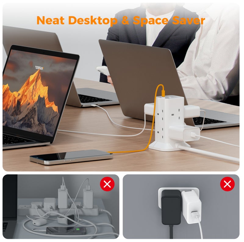 TESSAN Tower Extension Lead With USB C Slots, TESSAN 8 Way Multi Plug Extension Socket 3M Cable, Surge Protected Power Strip with Switch, MultiPlug Adaptor for Home, School Supplies 11 in 1 Tower Extension Lead 8 AC Outlets (13A 3250W) 3 USB Ports (1 USB C) 1700J Surge Protector On/Off Switch 3M Cable - Image 4