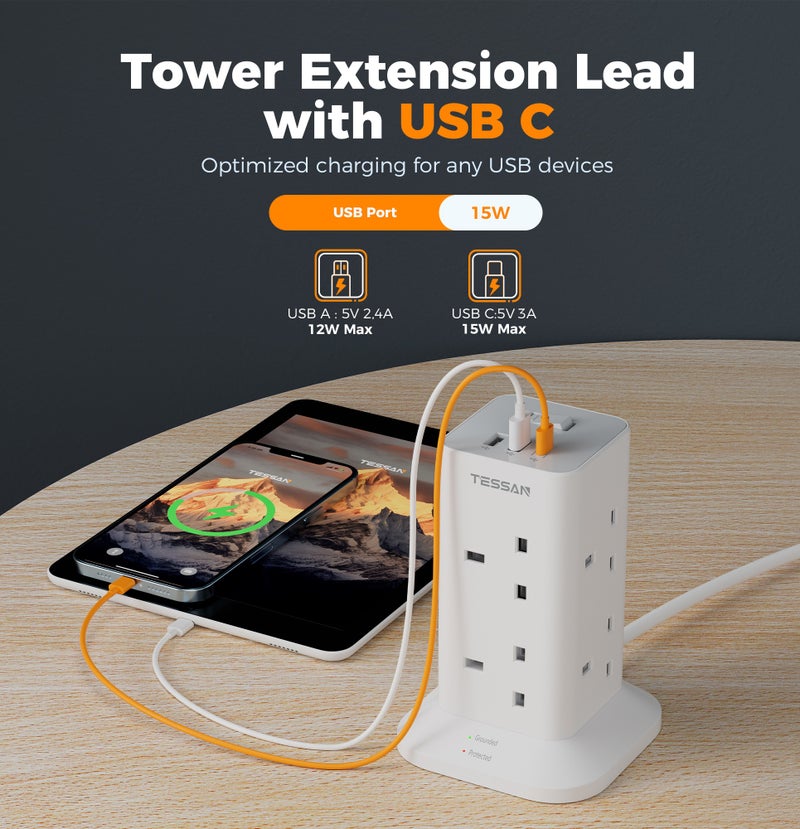 TESSAN Tower Extension Lead With USB C Slots, TESSAN 8 Way Multi Plug Extension Socket 3M Cable, Surge Protected Power Strip with Switch, MultiPlug Adaptor for Home, School Supplies 11 in 1 Tower Extension Lead 8 AC Outlets (13A 3250W) 3 USB Ports (1 USB C) 1700J Surge Protector On/Off Switch 3M Cable - Image 3