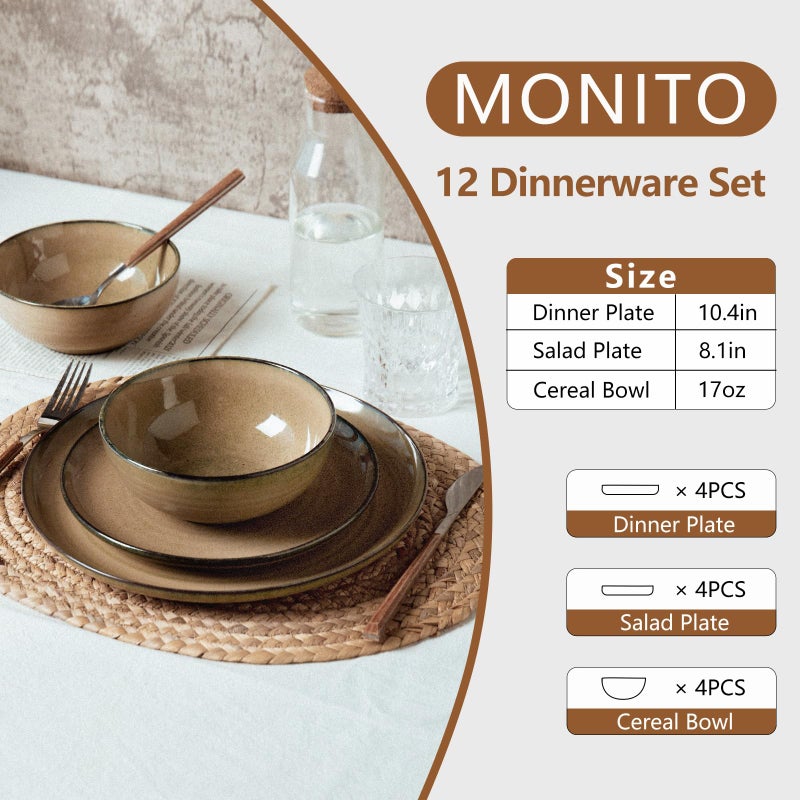 MONITO Ceramic Dinnerware 12 Pieces Dinnerware Sets Cereal Bowls Reactive Change Glaze Dish Sets, Modern Stoneware Dishe - Image 2
