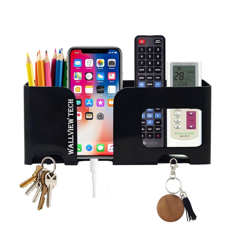 WALLVIEW TECH Wall Mount Mobile Holder|Plastic Storage Case for Ac/Tv Remotes|Multi-Purpose Wall Smartphone Stand for Charging|Remote Wall Organiser|Smart Stand Wall Gadget (Black) - Image 1
