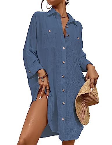 Bsubseach Womens Modern Swimsuit Cover Up Blouse Button Down Shirt Dresses Tops Blue XL - Image 1
