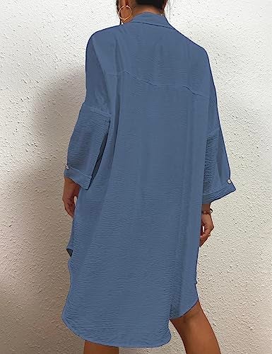 Bsubseach Womens Modern Swimsuit Cover Up Blouse Button Down Shirt Dresses Tops Blue XL - Image 4