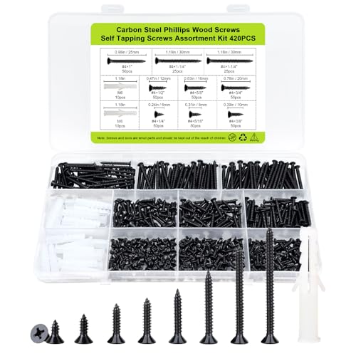 JERLITU #4 Flat Head Small Wood Screws Assortment kit 420Pcs, Black Phillips Short Screw, Carbon Steel, Cabinet Hinge Mounting, Electronics DIY Micro Screws Fasteners Set, Contains 20pcs M6 Screw Anchors - Image 1