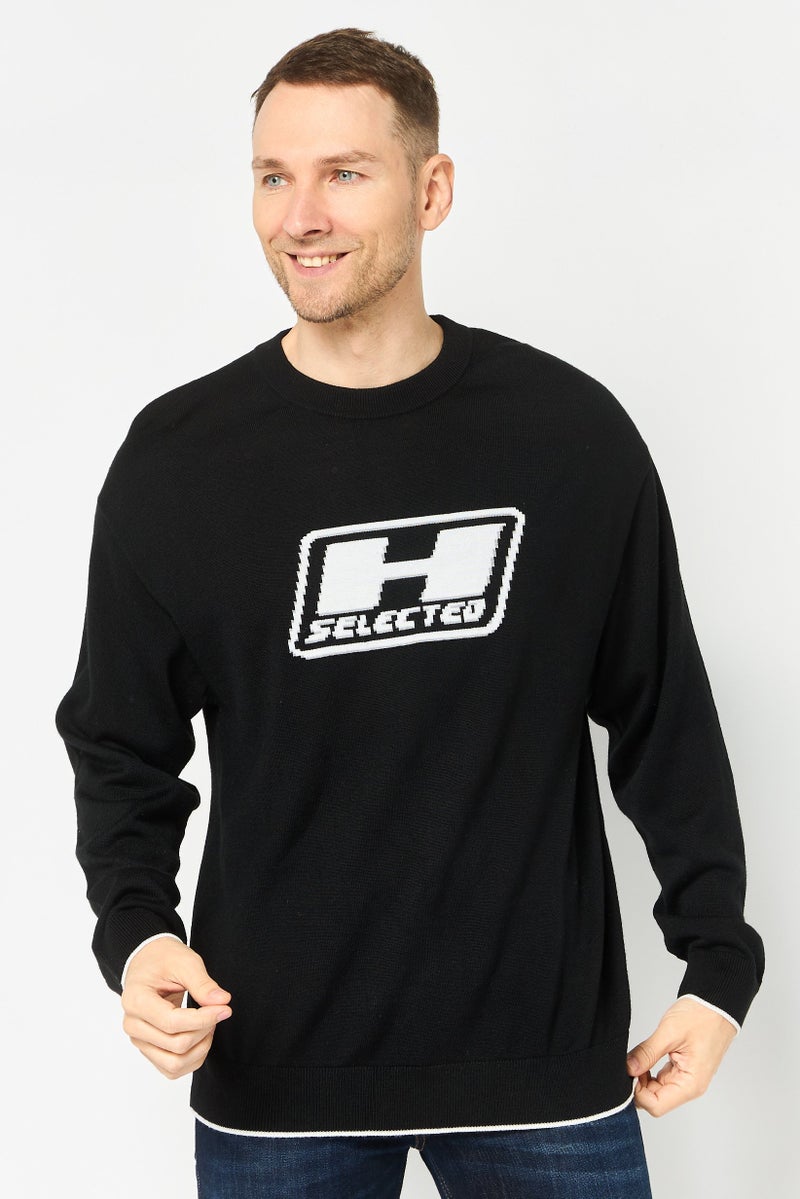 SELECTED Men Crew Neck Long Sleeve Brand Logo Sweater, Black - Image 1