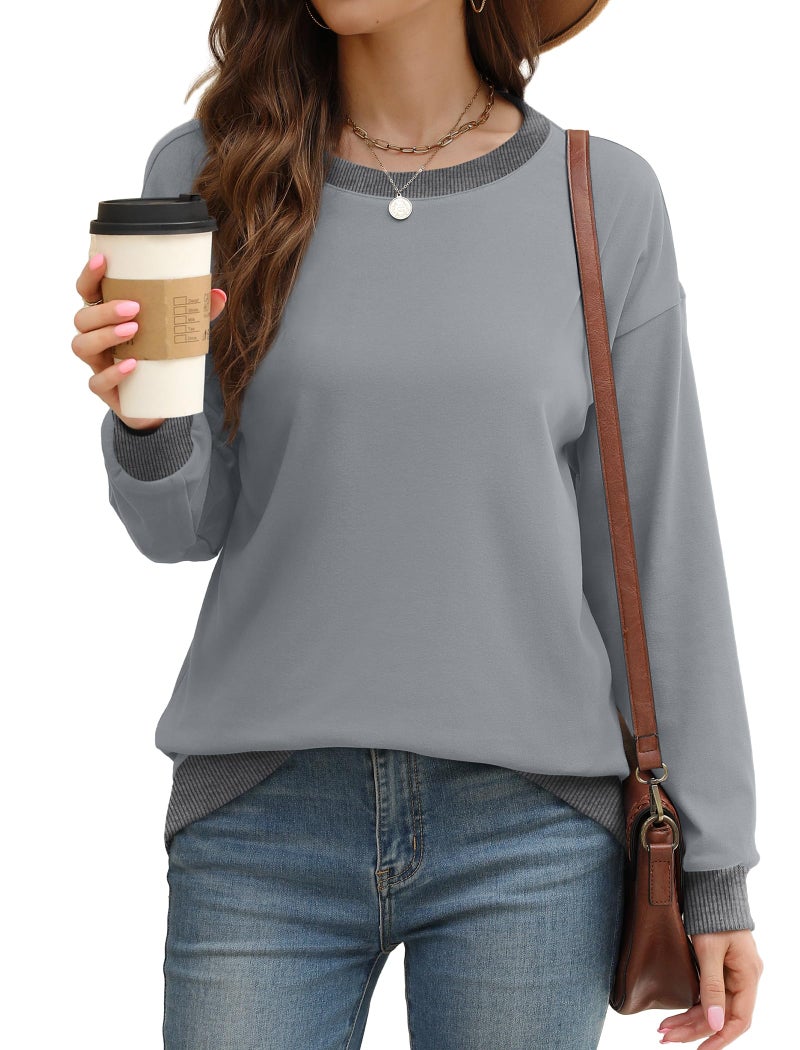 Saloogoe Womens Tops Casual Loose Shirts Long Sleeve Comfy Sweatshirts Lightweight Light Grey S - Image 2