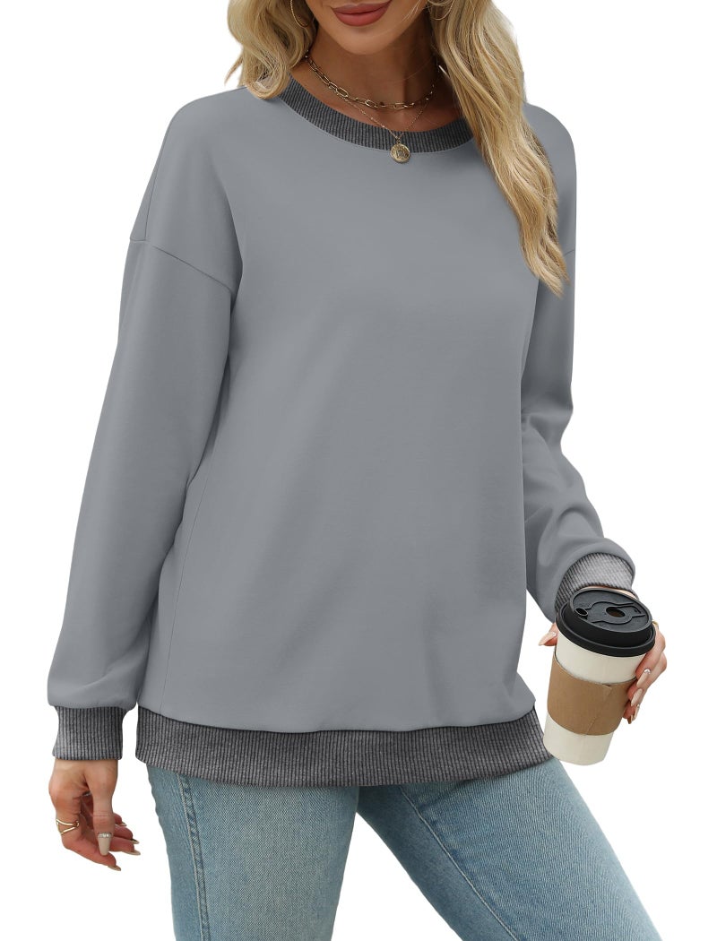 Saloogoe Womens Tops Casual Loose Shirts Long Sleeve Comfy Sweatshirts Lightweight Light Grey S - Image 3