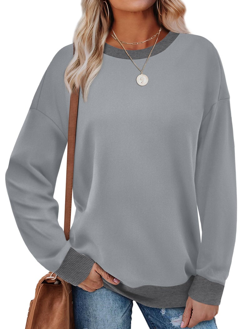 Saloogoe Womens Tops Casual Loose Shirts Long Sleeve Comfy Sweatshirts Lightweight Light Grey S - Image 1
