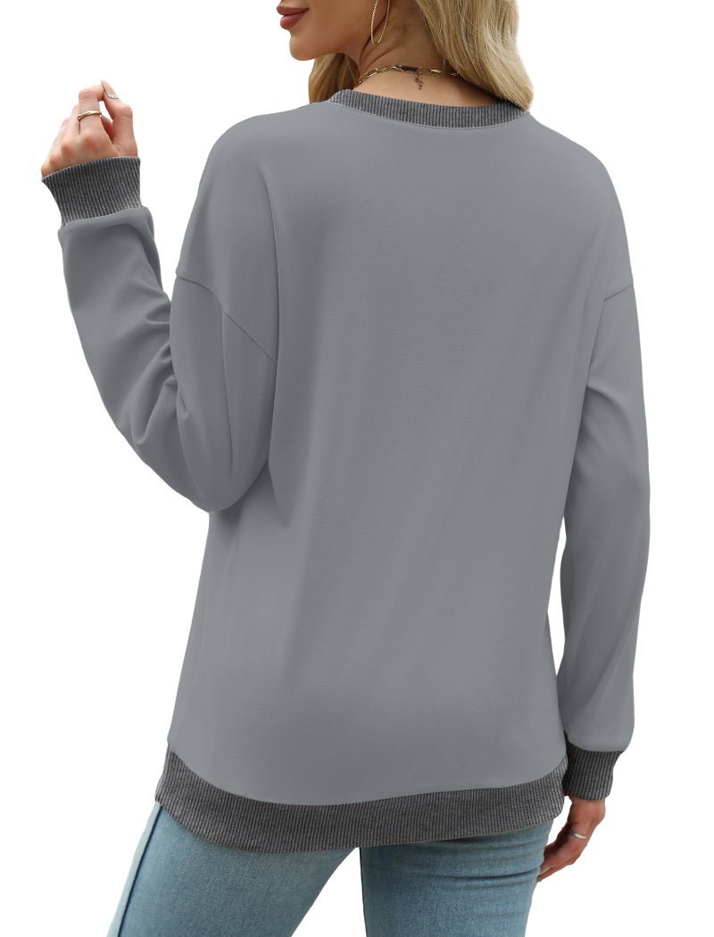 Saloogoe Womens Tops Casual Loose Shirts Long Sleeve Comfy Sweatshirts Lightweight Light Grey S - Image 4