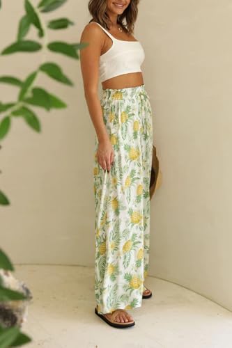 YOCUR Summer High Waisted Pants for Women Beach Vacation Wide Leg Pants Printed Loose Flowy Palazzo Lounge Trousers Yellow M - Image 3