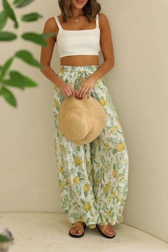 YOCUR Summer High Waisted Pants for Women Beach Vacation Wide Leg Pants Printed Loose Flowy Palazzo Lounge Trousers Yellow M - Image 4