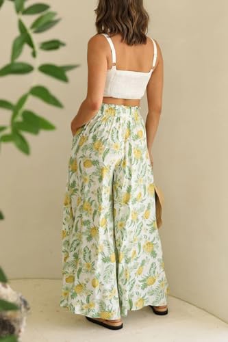 YOCUR Summer High Waisted Pants for Women Beach Vacation Wide Leg Pants Printed Loose Flowy Palazzo Lounge Trousers Yellow M - Image 2