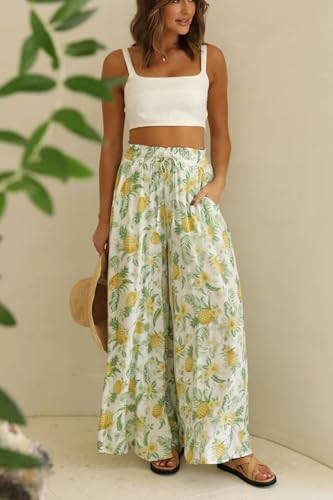 YOCUR Summer High Waisted Pants for Women Beach Vacation Wide Leg Pants Printed Loose Flowy Palazzo Lounge Trousers Yellow M - Image 5
