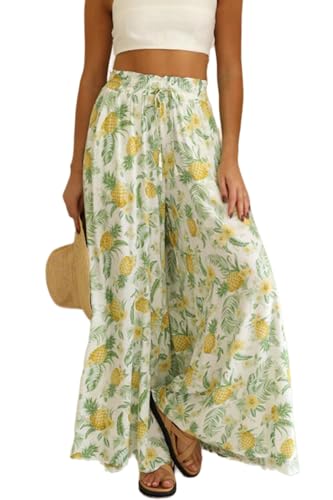 YOCUR Summer High Waisted Pants for Women Beach Vacation Wide Leg Pants Printed Loose Flowy Palazzo Lounge Trousers Yellow M - Image 1