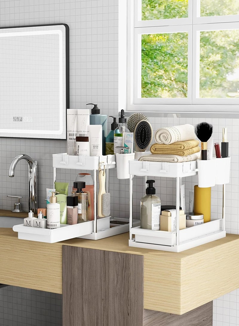 Capstro 2 Tier Under Sink Organizer with Drawer: Multi-Purpose Storage Solution with Specially designed Handle, Anti-Slip Mats, Additional 4 Hooks, 2 Cups, and Enlarged Size - Ceramic White, Pack of 2 - Image 1