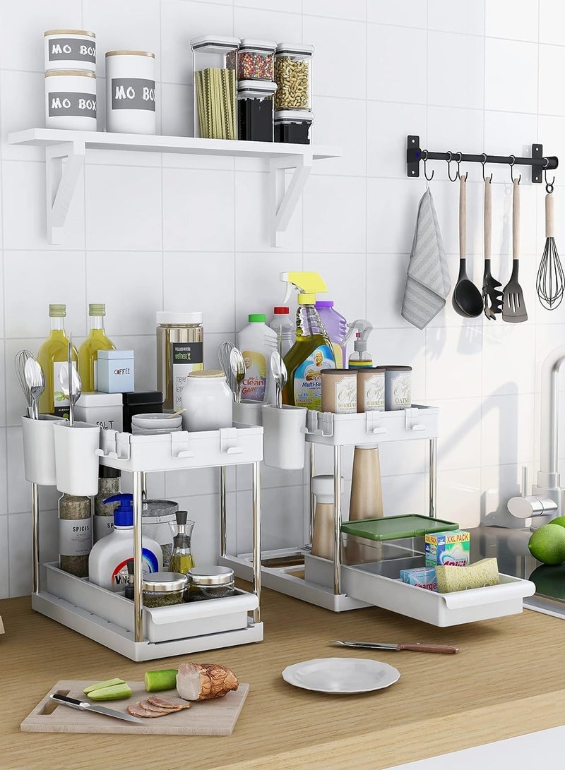 Capstro 2 Tier Under Sink Organizer with Drawer: Multi-Purpose Storage Solution with Specially designed Handle, Anti-Slip Mats, Additional 4 Hooks, 2 Cups, and Enlarged Size - Ceramic White, Pack of 2 - Image 5