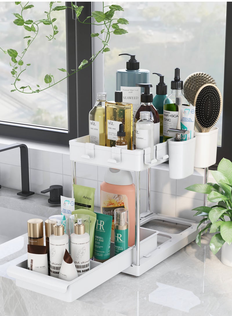 Capstro 2 Tier Under Sink Organizer with Drawer: Multi-Purpose Storage Solution with Specially designed Handle, Anti-Slip Mats, Additional 4 Hooks, 2 Cups, and Enlarged Size - Ceramic White, Pack of 2 - Image 3