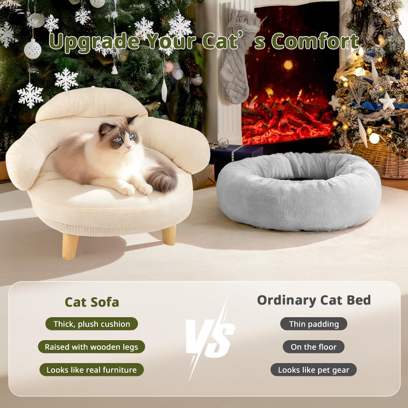 Famifit Cat Sofa Furniture-Style Pet Bed with Removable Cotton Velvet Cover, Solid Pine Wood Legs, for Cats and Small Dogs, White - Image 5