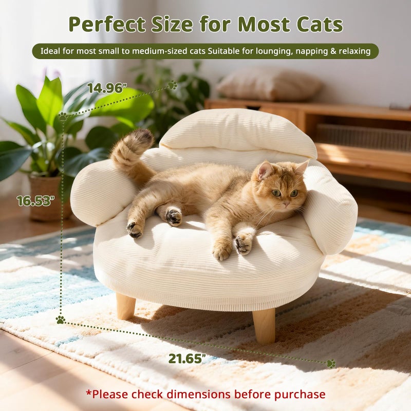 Famifit Cat Sofa Furniture-Style Pet Bed with Removable Cotton Velvet Cover, Solid Pine Wood Legs, for Cats and Small Dogs, White - Image 3