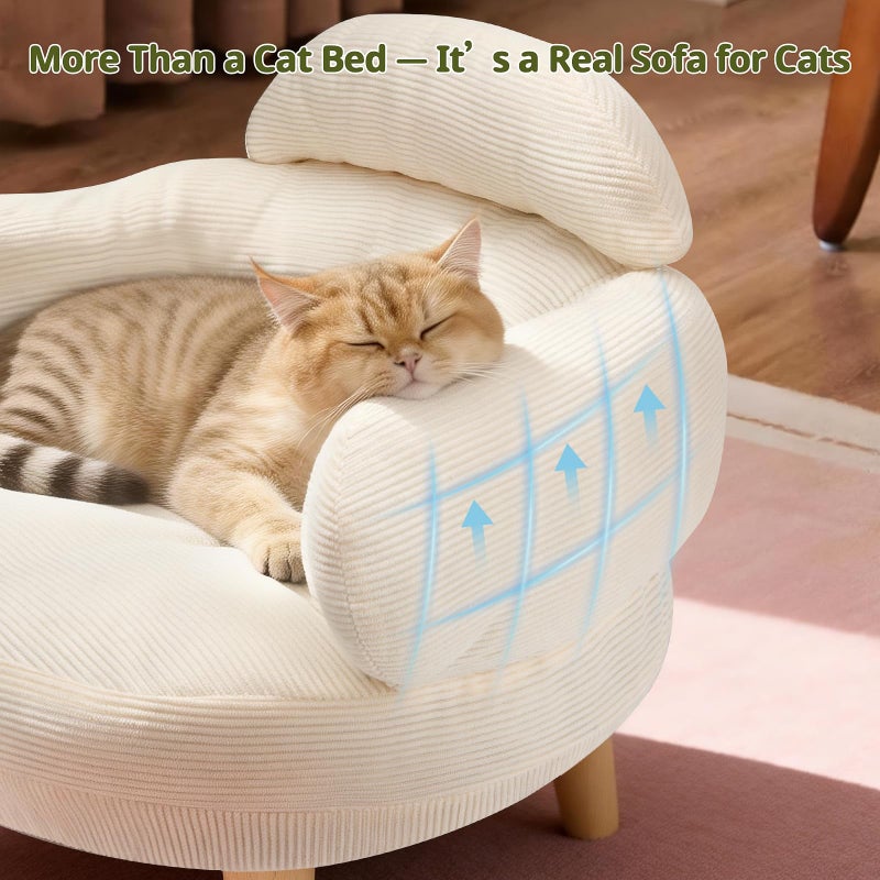 Famifit Cat Sofa Furniture-Style Pet Bed with Removable Cotton Velvet Cover, Solid Pine Wood Legs, for Cats and Small Dogs, White - Image 2