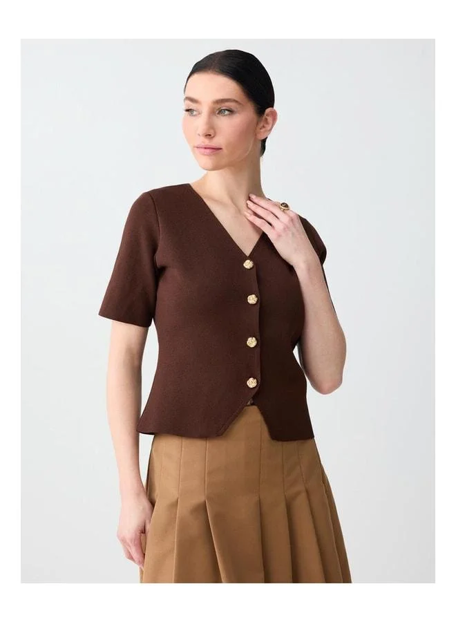 Jimmy Key Bitter Coffee Shiny Button Detailed Short Sleeve Knit Vest