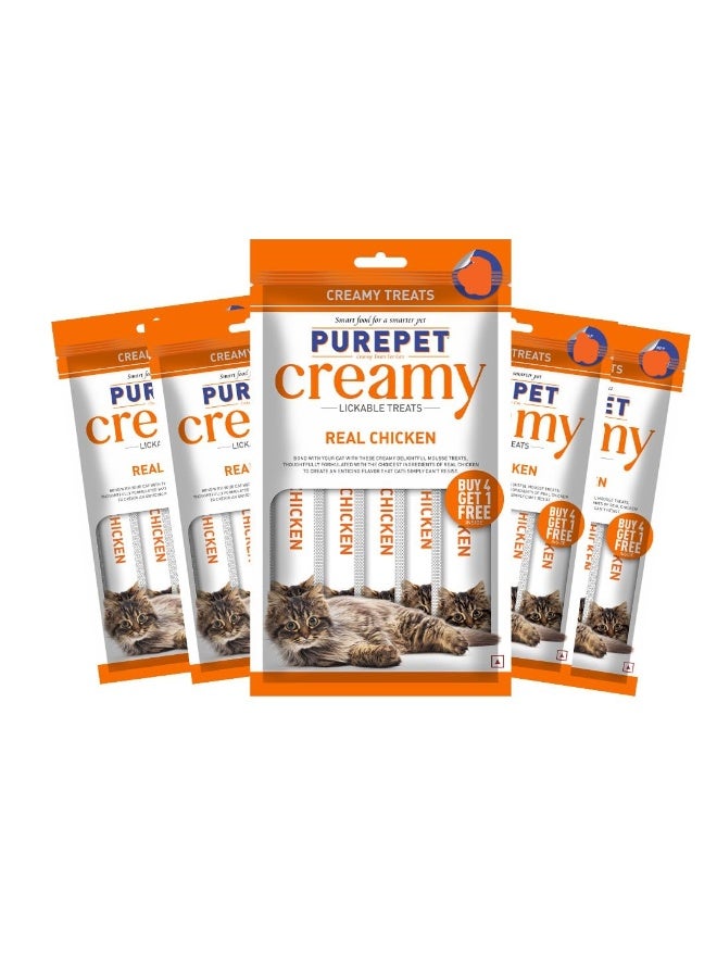 Purepet Creamy Lickable Cat Treats (75g x 5 Pouches) Total 375g | Real Chicken | Supports Skin & Coat | Easy Digestion | Aids Brain & Vision Development (All Life Stages) | Lickable Material - Image 1