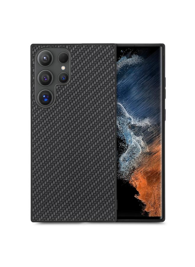 غطاء خلفي من الجلد بنسيج ألياف الكربون لهاتف Samsung Galaxy S25 Ultra 5G (أسود)