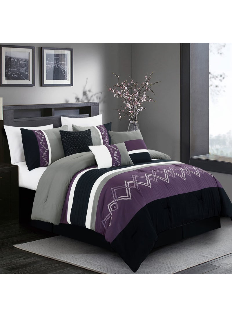 Chezmoi Collection Chezmoi Collection Arden 7Piece Modern Pleated Stripe Embroidered Zigzag Bedding Comforter Set Full PurpleBlackGrayWhite 