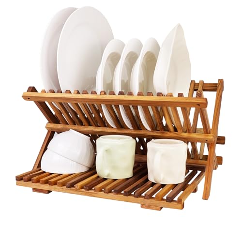 Utoplike 3 Tier Collapsible Teak Wood Dish Drying Rack Foldable Large Capacity Dish Draine SpaceSaving Countertop Kitchen Organizer for Plates Cups - Image 1