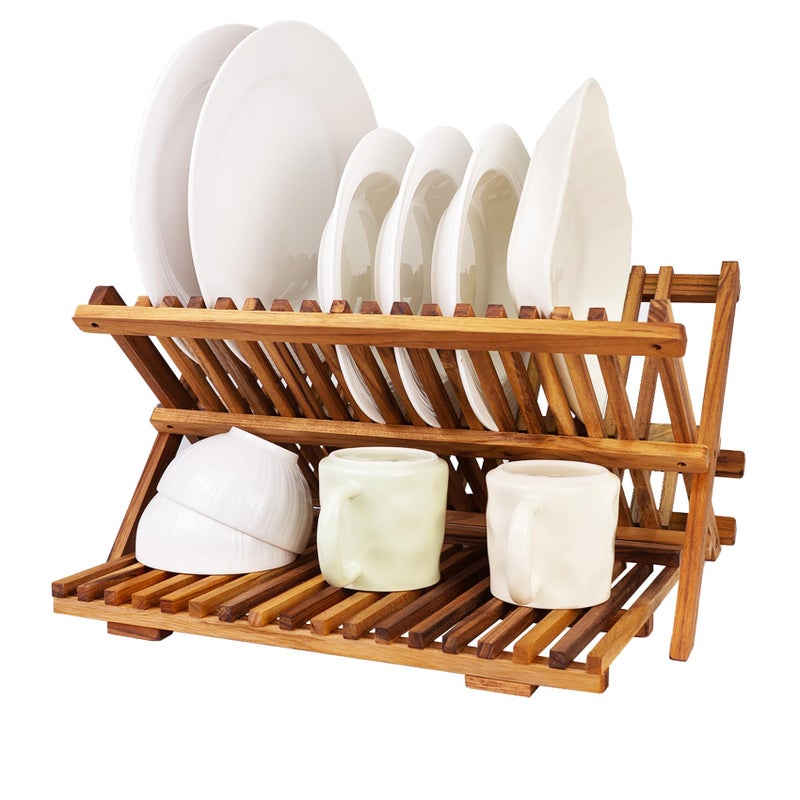 Utoplike 3 Tier Collapsible Teak Wood Dish Drying Rack Foldable Large Capacity Dish Draine SpaceSaving Countertop Kitchen Organizer for Plates Cups - Image 2