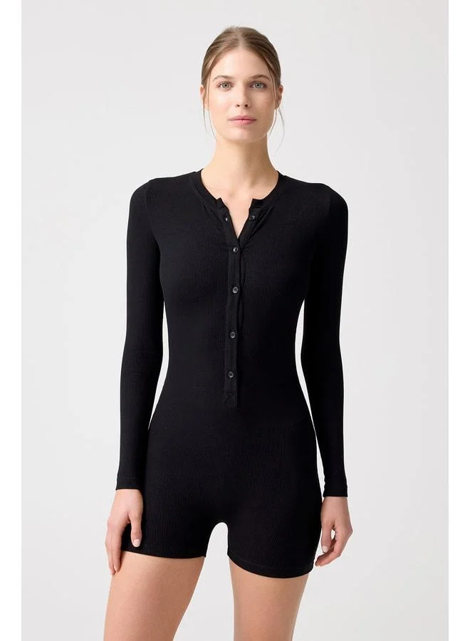 Los Ojos x Melody Black Knit Long Sleeve Short Jumpsuit Romper.