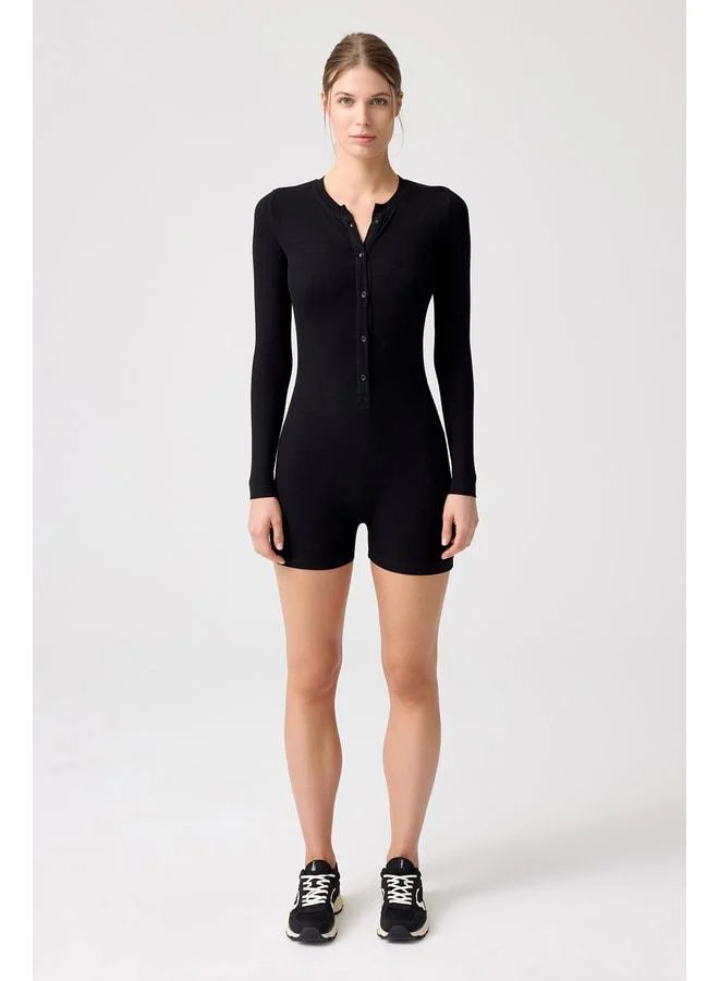 Los Ojos x Melody Black Knit Long Sleeve Short Jumpsuit Romper.