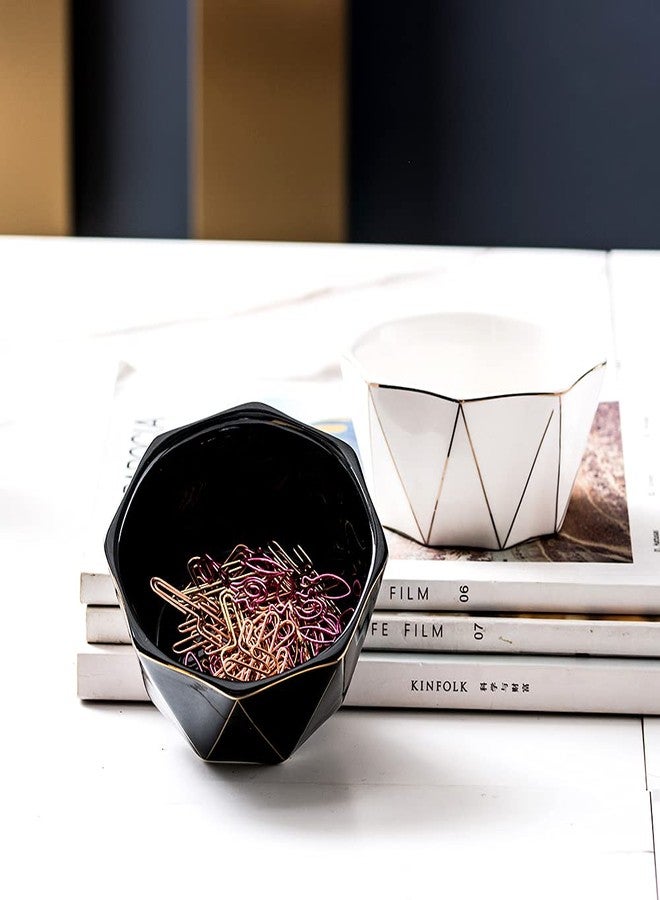 YOSCO Paper Clip Holder With Gold Line Geometric Ceramic Paper Clip Dispenser for Desk Cute Paper Clip Organizer Office Binder Clip Holder (Black) - Image 3