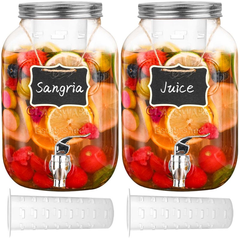 Eleganttime 1 Gallon Glass Drink Dispensers for Parties,2 Pack Beverage Dispenser with Fruit Infuser,Laundry Detergent Dispenser Punch Bowls Water Juice dispensers with Easy Flow Spigot for Outdoor - Image 1